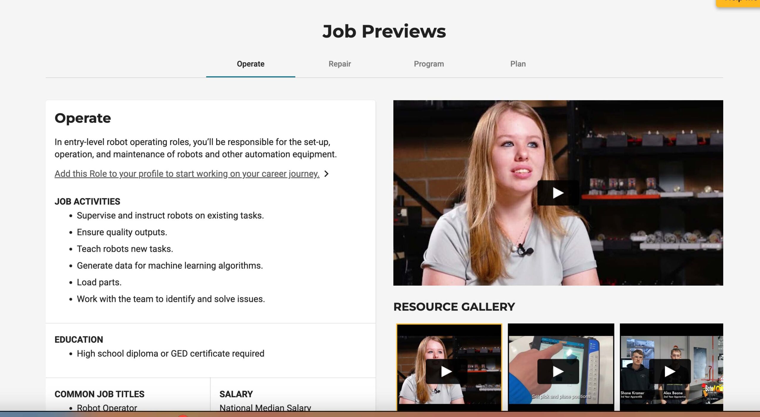 A screengrab showing the recent RoboticsCareer.org release. The image shows image and text talking about robotics careers in manufacturing