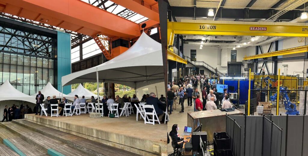 Half of the image shows robotics demos with people. The other half shows tents with chairs and people mingling