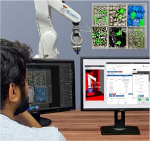 Image of a man looking at a robot and a screen with code on it