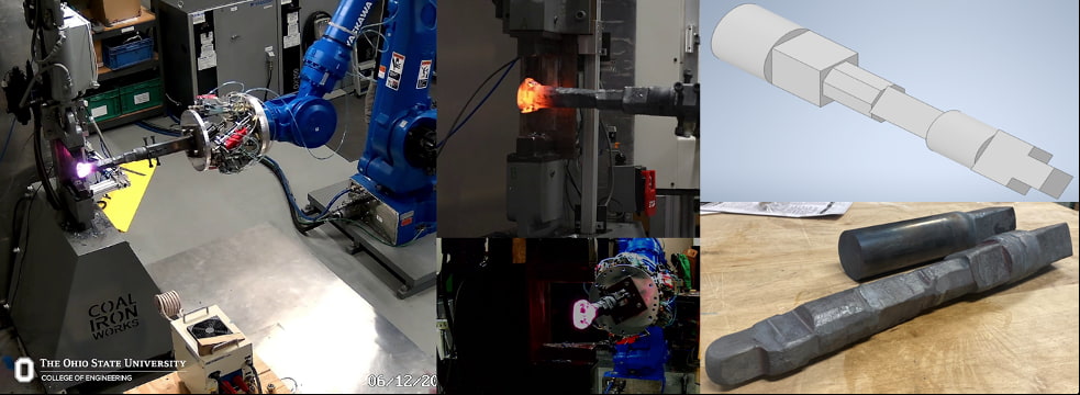 Images from OSU demonstration during the follow-on project showing the scaled-up robotic incremental open-die forging system forging hot steel (left) and a resulting demo component with significant plastic deformation/shape change