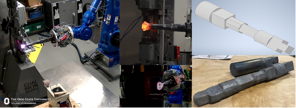 Images from OSU demonstration during the follow-on project showing the scaled-up robotic incremental open-die forging system forging hot steel (left) and a resulting demo component with significant plastic deformation/shape change 