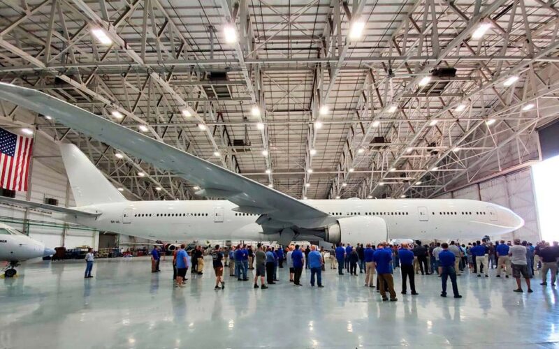 An image of a Boeing plane at the WSU NIAR facility