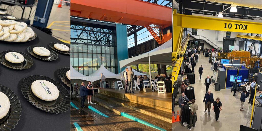 A collage showing cookies with the Corsha logo, tents outside, and robotics demos inside