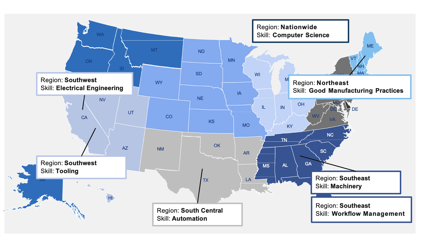 A map showing training gaps across the US