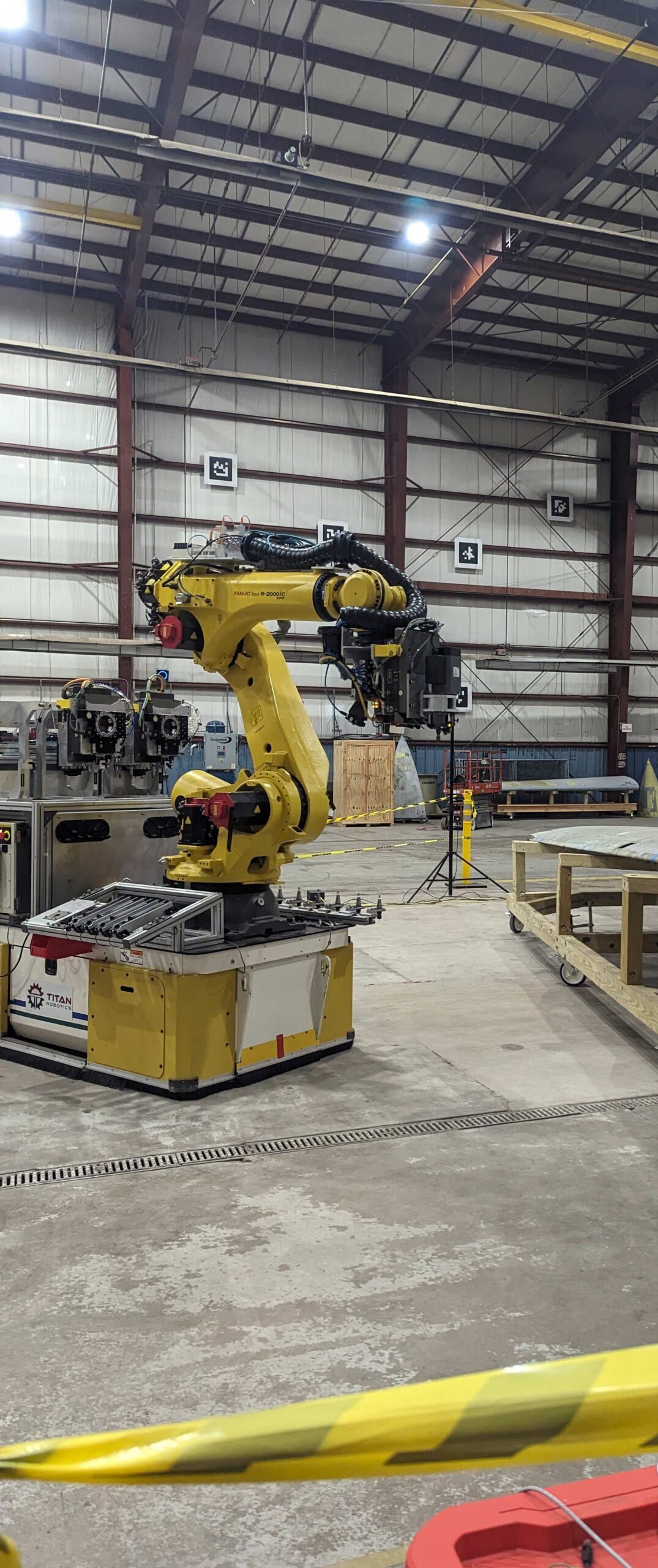 A robot works on an aircraft part